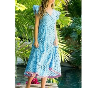 NWT THML Blue Printed Flutter Sleeve Midi Dress